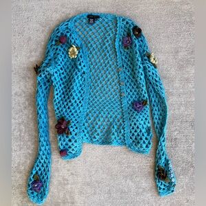 Vintage 90s planet earth blue cardigan llama decorative flowers sweater boho